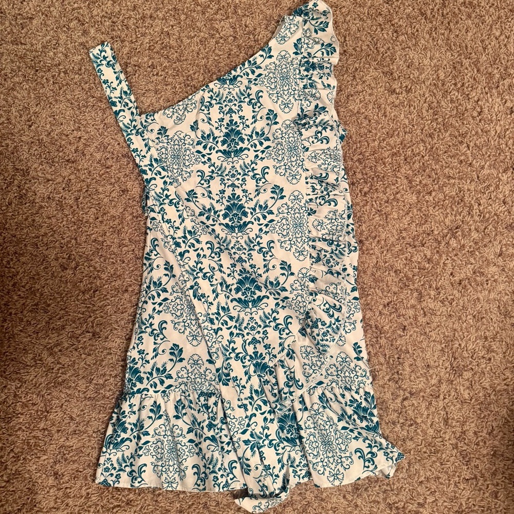 One-Shoulder Blue and White Floral Dress